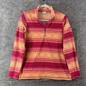 LL Bean Sweatshirt Small Orange Pink Stripe Fair Isle Mock Neck Pullover 1/4 Zip